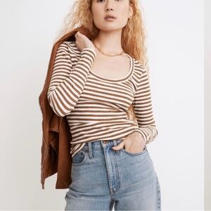 Madewell Pointelle Square-Scoop Tee Weathered Olive Striped Ribbed Shirt Medium